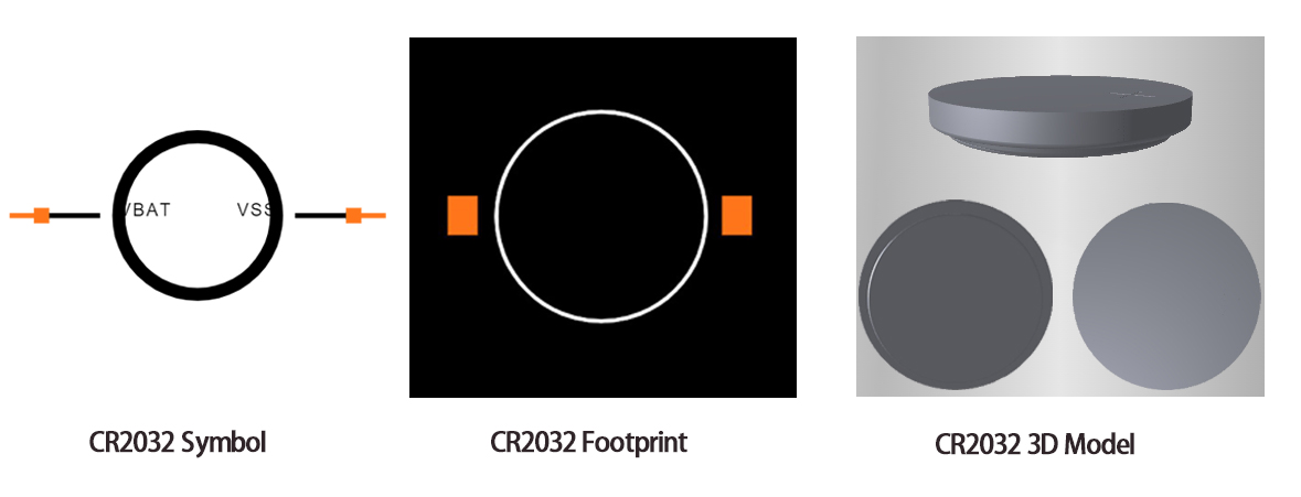 CR2032 Symbol, Footprint, 3D Model